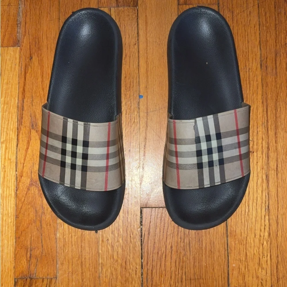 Burberry Black and Tan Plaid Slides